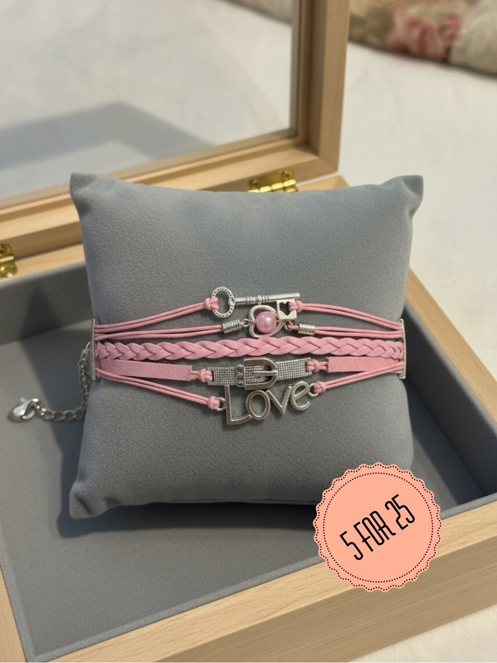 Pink Multi Strand Love Bracelet Key Charm Layered